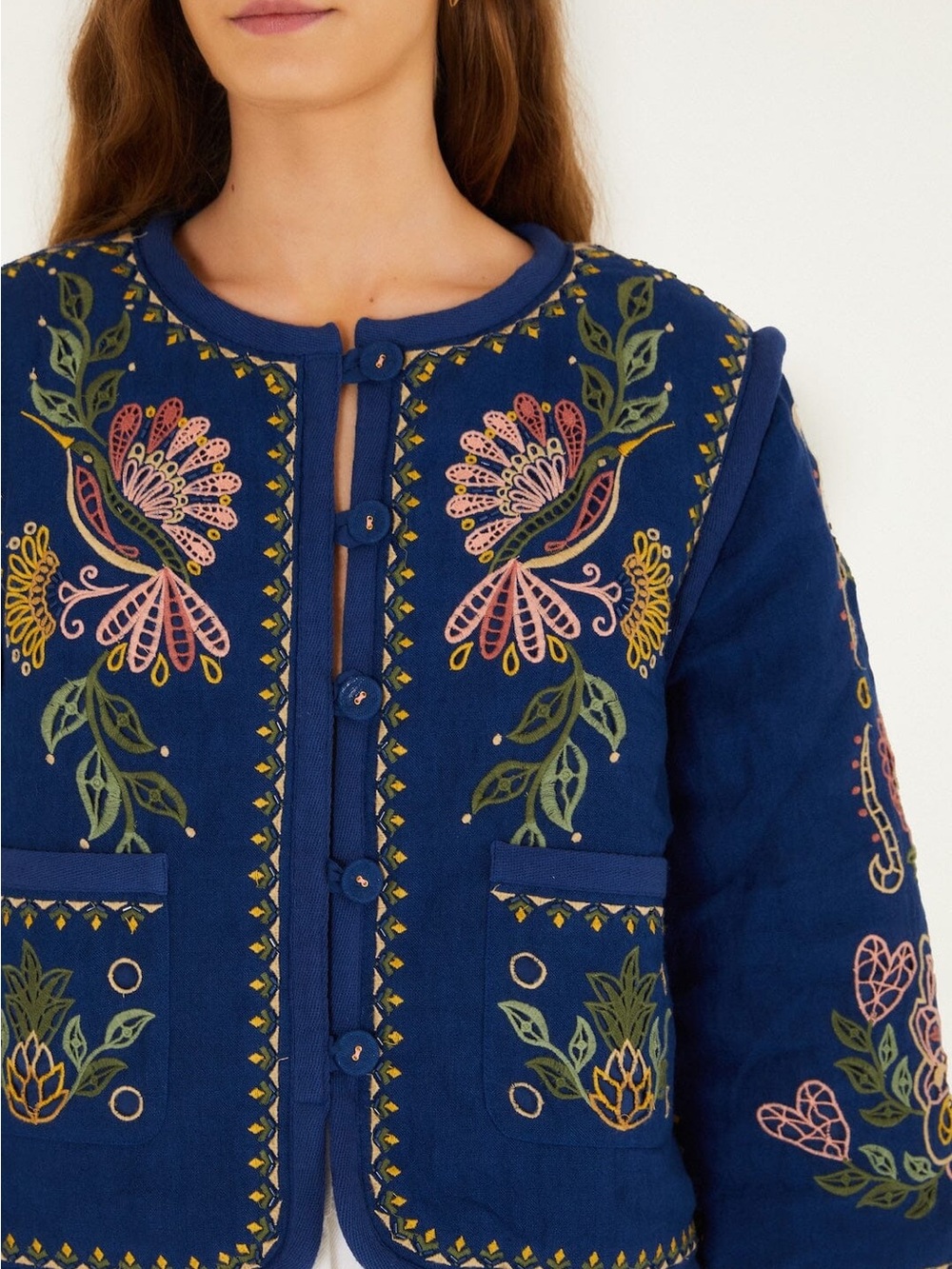 FARM RIO Blue Embroidered Pockets Richelieu Jacket - Picture 2 of 4